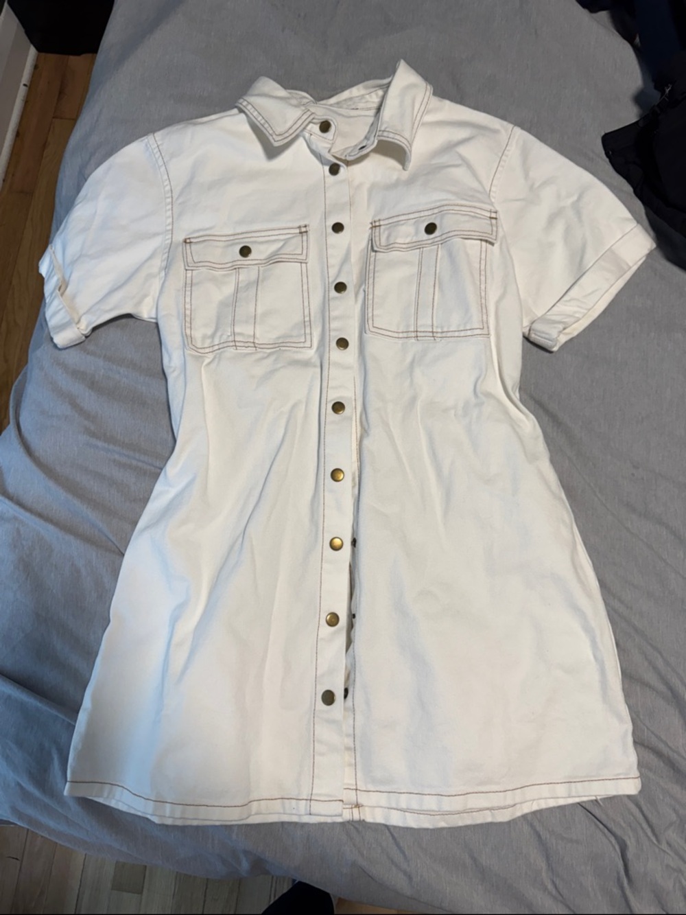 White Button-Front Shirt Dress with Chest Pockets